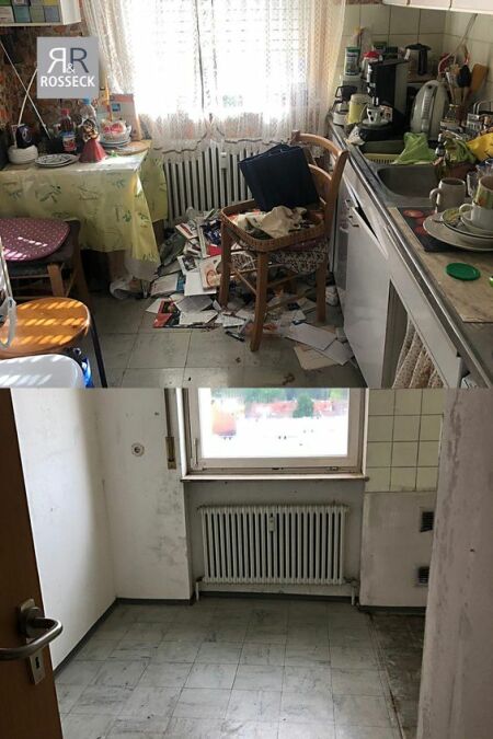 Das Bild zeigt die Entrümpelung einer Küche vorher und nachher