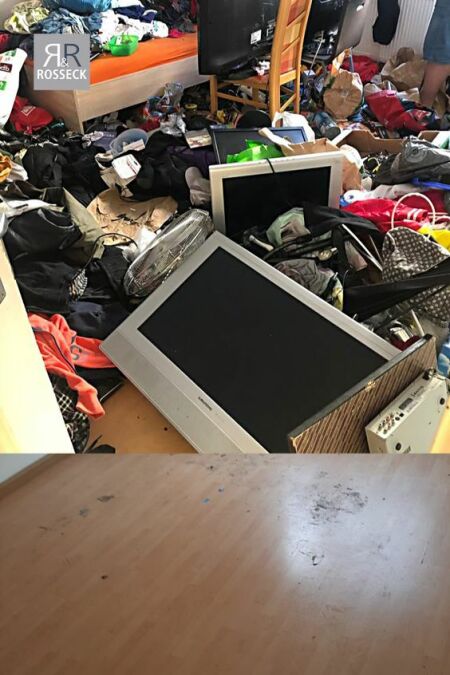 Das Bild zeigt die Entrümpelung einer Messie-Wohnung vorher und nachher